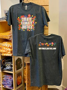 image of Gray Create Climate Justice T-Shirt, front and back