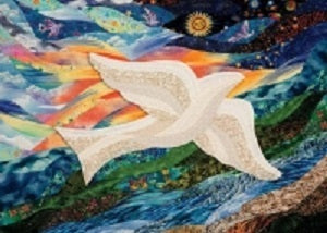 Artistic depiction of a dove with wings spread against a colorful, celestial background.
