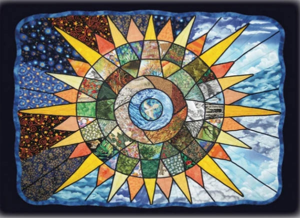 Colorful sun-shaped artwork with a central Earth illustration against a blue sky background.
