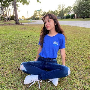 image of person wearing Blue UU the Vote Scoop Neck Fitted T-Shirt