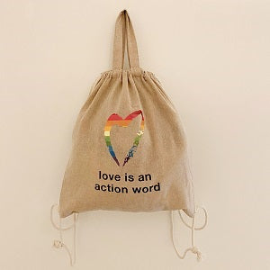 image of SWL rainbow heart drawstring bag
