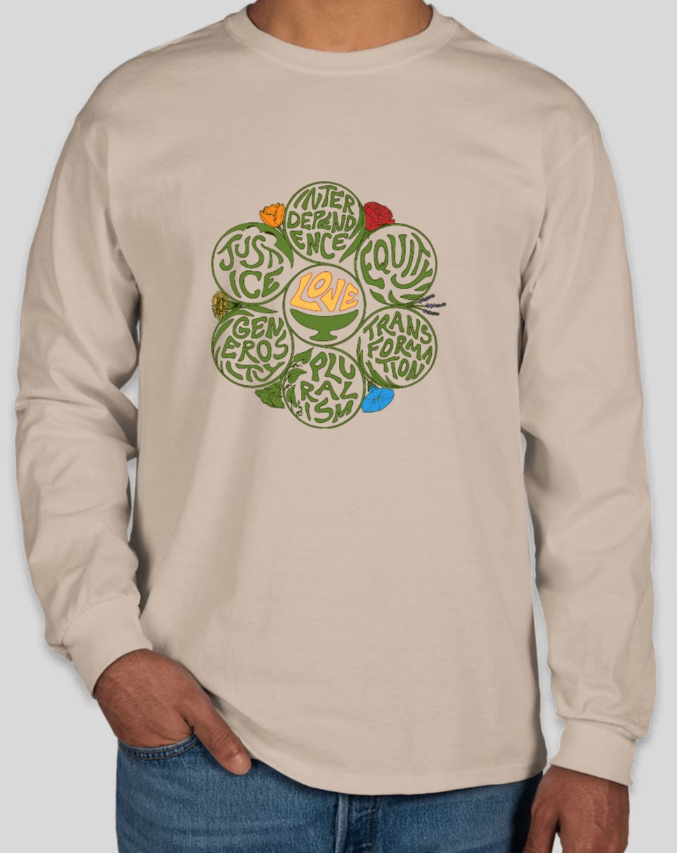 image of person wearing sand-colored Love at the Center Long Sleeve T Shirt
