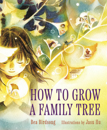 Book cover of 'How to Grow a Family Tree' with a girl looking at a family tree illustration.