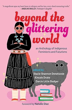 Book cover of 'Beyond the Glittering World' with a person and sheep on a pink background