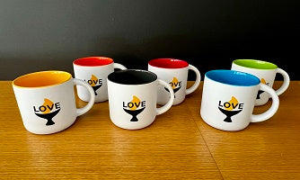 image of 6 white Love Chalice Mugs, inside: yellow, red, orange, gray, green, blue
