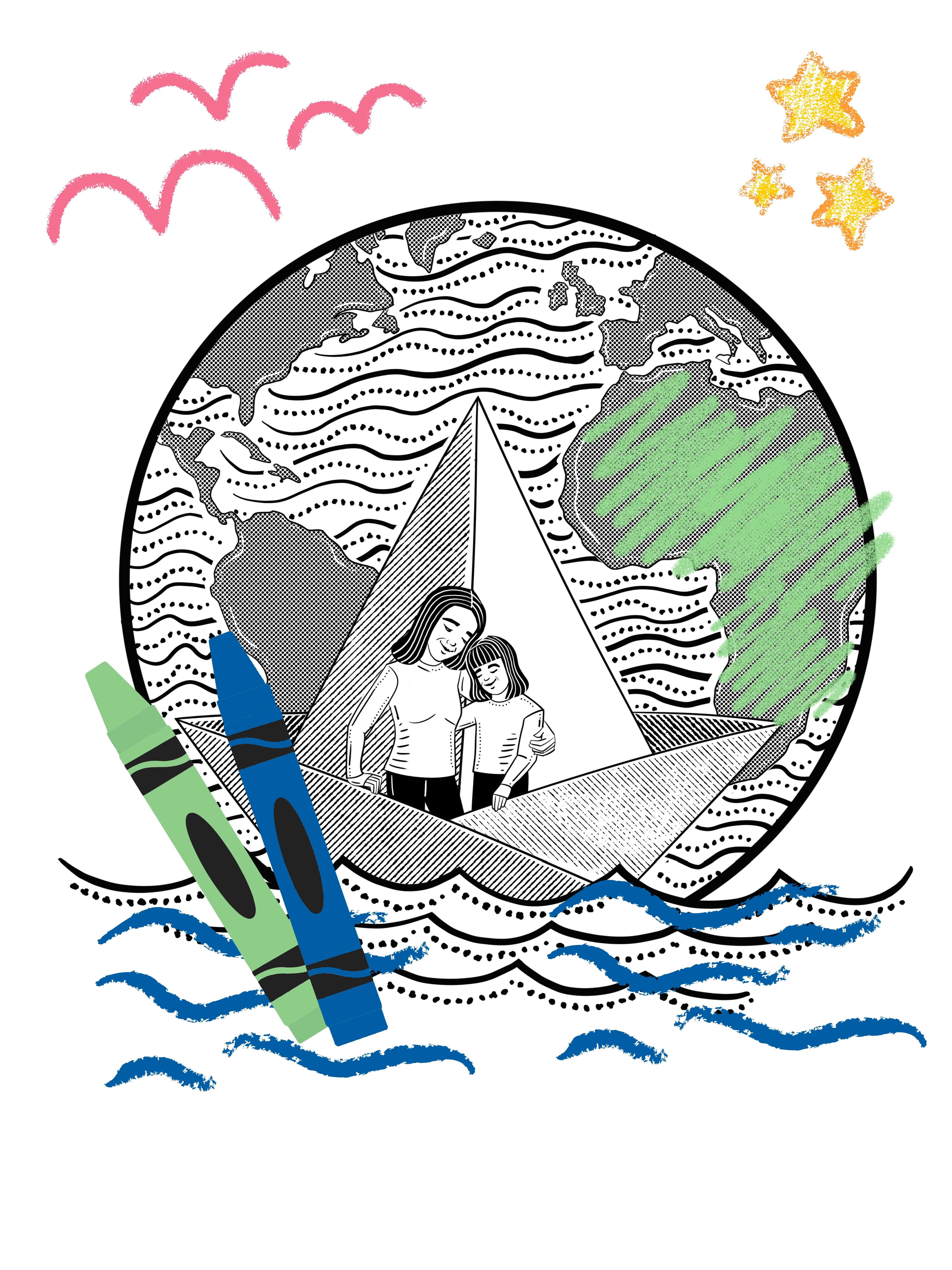 image of blue boat home coloring page