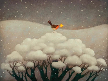 Bird perched on a snow-covered tree branch with a star in the background