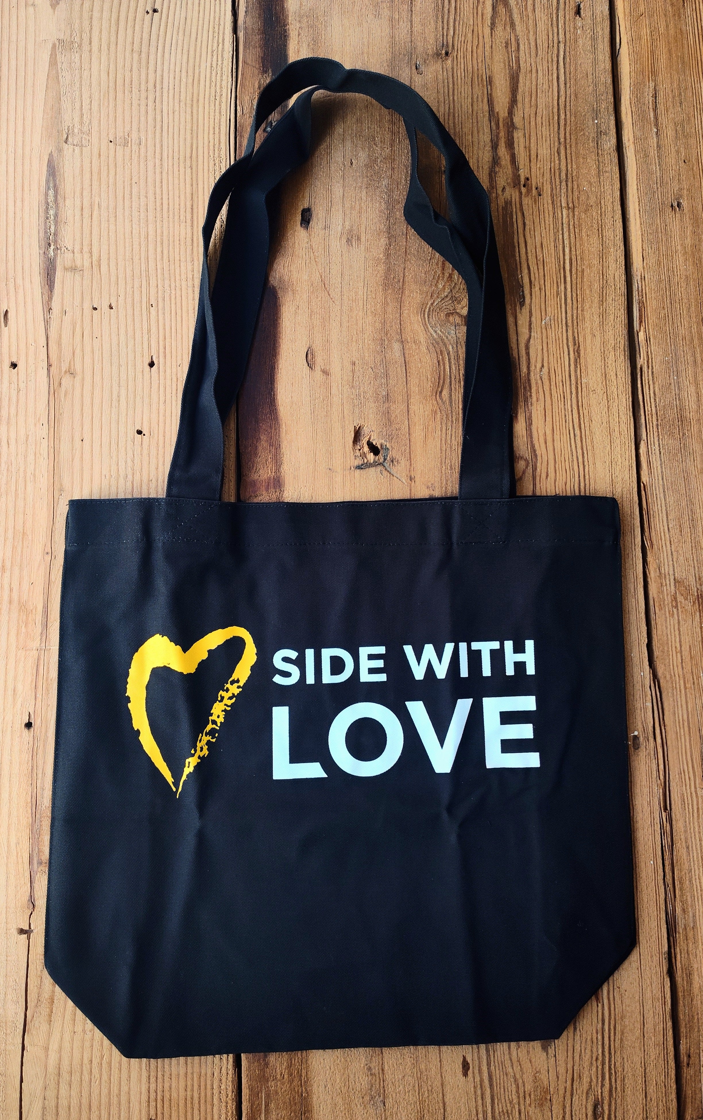 image of black Side With Love Canvas Tote Bag