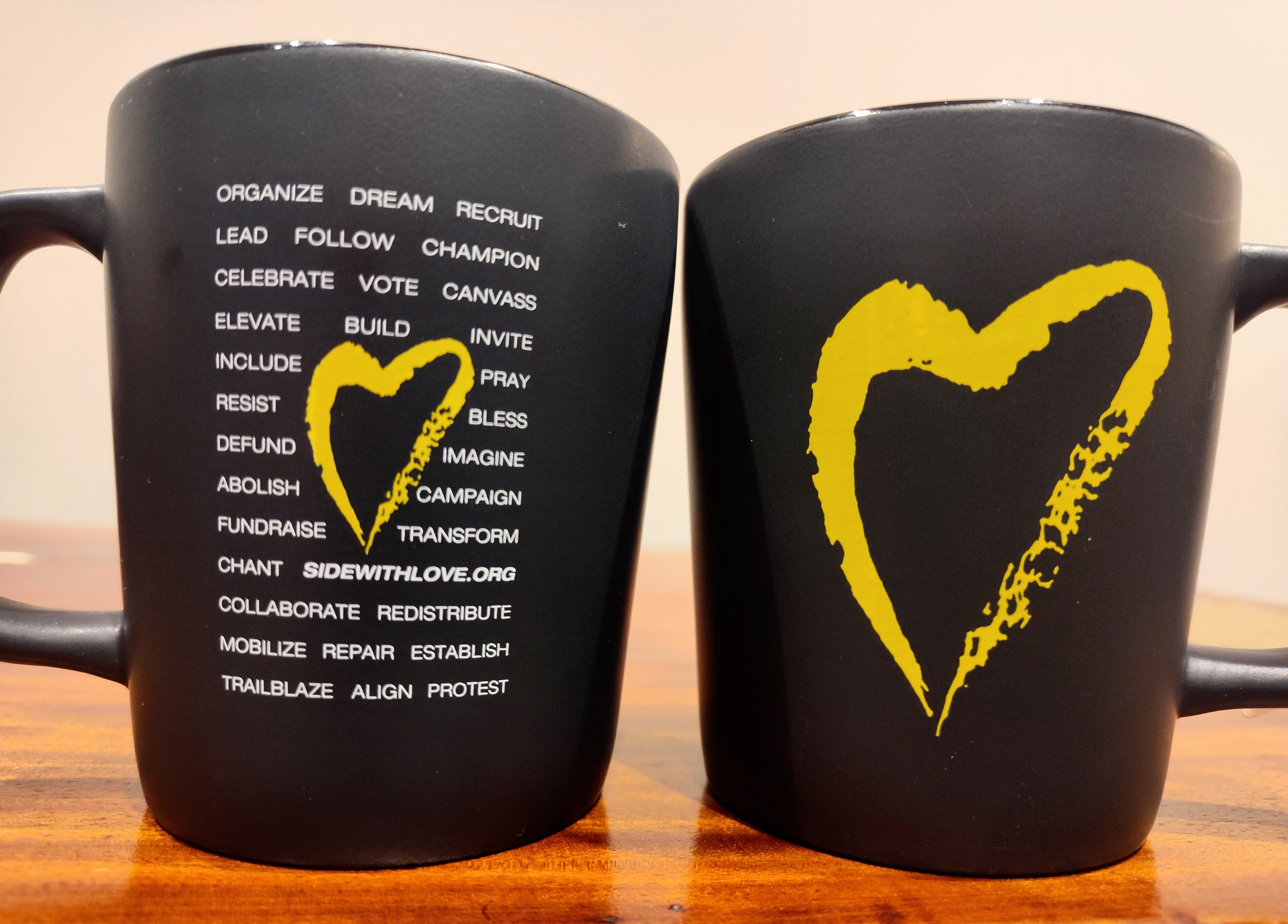 image of 2 Side With Love Black Mugs with Heart and Word Cloud, front and back
