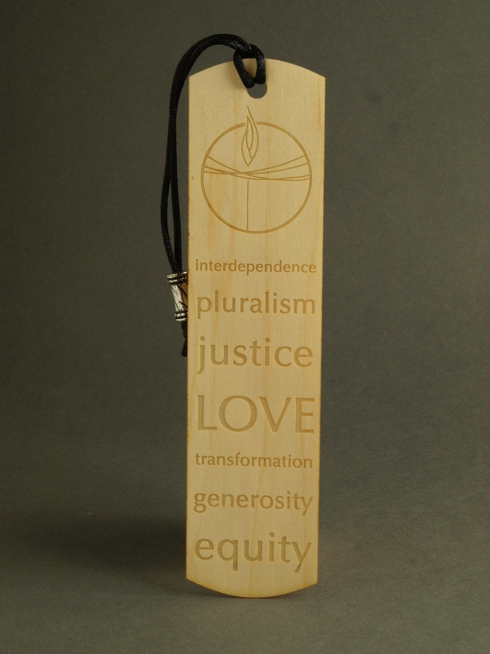 Wooden bookmark with engraved text  of uu shared values