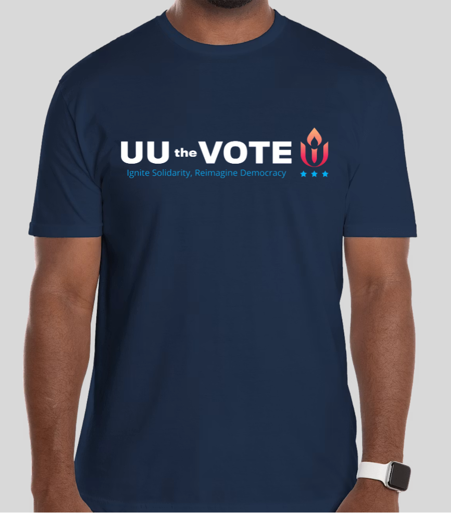 image of person wearing 'UU the Vote' navy blue standard cut t-shirt