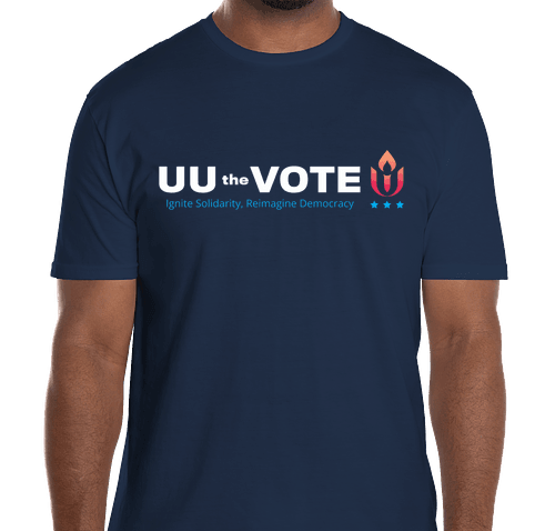 Navy blue t-shirt with 'UU the VOTE' logo on a transparent background
